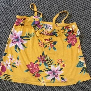 Old Navy Ruffle V Neck Top S Linen Jersey Knit Yellow Floral Tank NWT Small